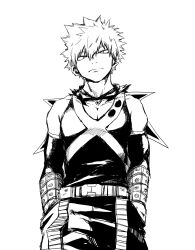 1boy bakugou_katsuki bare_shoulders belt belt_buckle boku_no_hero_academia buckle closed_mouth collarbone commentary_request cowboy_shot crosshatching detached_sleeves dkyoudai eye_mask frown greyscale hair_between_eyes hands_in_pockets hatching_(texture) head_tilt highres linear_hatching looking_at_viewer male_focus mask mask_around_neck monochrome nostrils pants partial_commentary pectoral_cleavage pectorals pocket short_hair simple_background snap-fit_buckle solo spiky_hair split_mouth straight-on tank_top tsurime v-neck white_background wrist_guards 