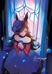  1girl animal_ears bare_shoulders blue_dress blue_flower blue_hat blue_rose blush breasts brown_hair closed_eyes closed_mouth collarbone commentary dress flipped_hair flower fur_choker goldiguppi hair_over_one_eye hat hat_flower highres horse_ears horse_girl long_hair long_sleeves off-shoulder_dress off_shoulder rice_shower_(rosy_dreams)_(umamusume) rice_shower_(umamusume) rose small_breasts solo tilted_headwear umamusume 