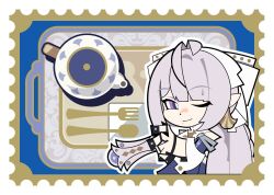  1girl chibi chibi_only commentary_request grey_hair hand_fan holding holding_fan long_hair mole mole_under_mouth one_eye_closed pointy_ears solo teapot upper_body velina_airgid violet_eyes washan zenless_zone_zero 