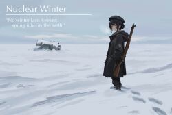  1girl beret black_hair black_hat black_pants breath coat english_text footprints gun hat military original outdoors pants rifle scenery snow solo weapon winter winter_clothes winter_coat wreckage zvezdochka61 