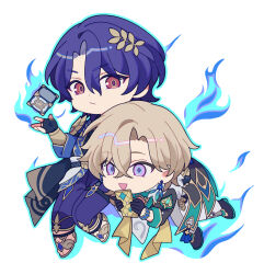  2boys :d ancient_greek_clothes aqua_outline aqua_shirt armor aventurine_(honkai:_star_rail) black_coat black_gloves black_shirt black_shoes blonde_hair blue_eyes blue_fire bracelet cellphone chibi chibi_only cleavage_cutout closed_mouth clothing_cutout club_(shape) coat collared_shirt commentary crossed_bangs dr._ratio_(honkai:_star_rail) earrings expressionless eyeliner fingerless_gloves fire floating floating_object fur-trimmed_coat fur_trim gladiator_sandals gloves gold_sandals gold_trim greco-roman_clothes hair_between_eyes hair_ornament half_gloves hand_up highres holding holding_hands holding_phone honkai:_star_rail honkai_(series) jewelry long_sleeves looking_at_viewer makeup male_focus multicolored_eyes multiple_boys open_clothes open_coat open_mouth outline pants parted_bangs pauldrons phone purple_hair purple_pants red_eyeliner red_eyes sandals shirt shoes short_hair shoulder_armor simple_background single_earring single_pauldron sleeve_cuffs smartphone smile spade_(shape) sweet_love4s thigh_strap two-tone_eyes untranslatable_commentary vambraces violet_eyes white_background white_pants wing_collar yellow_eyes 