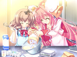 2girls ^_^ ahoge akari_(dakko_shite_gyu!) baking bell bow bowl brown_hair closed_eyes dakko_shite_gyu! drink_carton egg egg_carton hair_bow hair_intakes hair_ornament happy horns ibaramori_koyoi kamitsurugi_ouka long_hair measuring_cup milk_carton multiple_girls napkin pink_hair ribbon sheep_horns short_hair spoon sugar_cube table third-party_source whisk zipper 