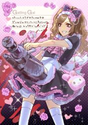 1girl apron bag black_bow black_dress blood blush bow brown_eyes brown_hair character_bag character_charm charm_(object) commentary_request dark-skinned_female dark_skin dress dress_bow eyeshadow flower frilled_apron frilled_bow frilled_dress frills gatling_gun gomi_beya grin gun gyaru hair_bow halftone handbag heart highres hime_gyaru holding holding_gun holding_weapon long_eyelashes long_hair maid maid_apron maid_headdress makeup mixed-language_text my_melody my_melody_(series) original pearl_hair_ornament pink_bow pink_eyeshadow pink_flower pink_lips pink_rose plaid_bow rose sanrio short_sleeves smile solo sparkle thigh-highs weapon white_apron white_thighhighs 