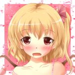  1girl blonde_hair blush bra_strap bust collarbone drooling fang flandre_scarlet hair_ribbon heart heart_background looking_at_viewer lowres neats off_shoulder open_mouth pink_background red_eyes ribbon short_hair side_ponytail solo sparkle touhou wings 