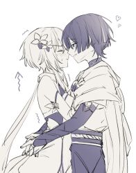  1boy 1girl akasaki_aimu armor arrow_(symbol) belt blunt_ends blush bodysuit breasts bridal_gauntlets closed_eyes closed_mouth corset couple detached_sleeves dress facing_another flower from_side genshin_impact greyscale hair_flower hair_ornament half-closed_eyes hand_on_another's_chest heart hetero highres imminent_kiss interlocked_fingers japanese_armor japanese_clothes kimono kote looking_at_another lumine_(genshin_impact) middle_ring monochrome open_mouth own_hands_together profile rope scaramouche_(genshin_impact) scarf short_hair short_hair_with_long_locks short_sleeves shorts side_cape sidelocks sideways_mouth single_bare_shoulder small_breasts sweatdrop teasing tsurime turtleneck turtleneck_bodysuit wanderer_(genshin_impact) white_background wolf_cut 