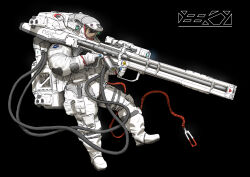  1other absurdres aiming ambiguous_gender artist_logo astronaut black_background carabiner facing_ahead floating from_side helmet highres holding holding_weapon logo original railgun science_fiction scope simple_background solo space_helmet spacesuit tube weapon yeeky 
