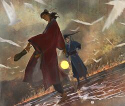  2boys all_wishes_come_true! arm_wrap beach bird black_boots black_hair black_pants black_sash blue_hanfu blue_trim blurry blurry_foreground boots brown_hair chinese_clothes closed_mouth clouds coat dutch_angle facial_hair faux_traditional_media floating_hair full_body hair_bun hair_ornament hair_ribbon half_updo hand_fan hand_on_own_hip hanfu high_ponytail highres holding holding_fan jewelry leaf_fan leaf_hair_ornament long_hair long_sleeves looking_at_viewer lv_dongbin_(all_wishes_come_true!) male_focus multiple_boys mustache_stubble ocean orange_sash outdoors painterly pants ponytail red_coat red_ribbon red_sash reeds ribbon robe sandals sash shoulder_strap sidelocks single_hair_bun sky smile standing stubble sword sword_on_back sword_tassel tassel walking water watercolor_effect waves weapon weapon_on_back weapon_tassel white_hanfu wide_sleeves wind yaopei youke_yan zhongli_quan_(all_wishes_come_true!) 