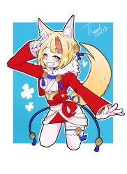  1girl animal_ear_fluff animal_ears blonde_hair blue_background border brown_hair commentary_request commission cropped_legs fire_emblem fire_emblem_fates fox_ears fox_girl fox_tail fur-trimmed_jacket fur-trimmed_kimono fur_trim highres jacket japanese_clothes kaneda_tamago kimono kitsune multicolored_hair selkie_(fire_emblem) short_hair skeb_commission smile solo streaked_hair tail thank_you two-tone_hair white_border yellow_eyes 