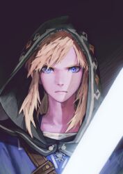  1boy black_background black_capelet blonde_hair blue_eyes blue_tunic capelet champion's_tunic_(zelda) closed_mouth commentary_request eyelashes glowing glowing_sword glowing_weapon gradient_background highres hood hood_up jun_(navigavi) link lips looking_at_viewer making-of_available male_focus nose partial_commentary ponytail portrait revision serious sidelocks solo straight-on the_legend_of_zelda the_legend_of_zelda:_breath_of_the_wild tunic weapon 