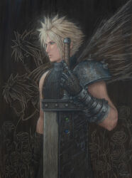  1boy aged_down armor black_gloves blonde_hair blue_eyes blue_sweater buster_sword closed_mouth cloud_strife commentary english_commentary final_fantasy final_fantasy_vii final_fantasy_vii_remake flower gloves highres holding holding_sword holding_weapon male_focus materia multiple_views ribbed_sweater shinra_infantry_uniform short_hair shoulder_armor signature sleeveless sleeveless_turtleneck spiky_hair suspenders sweater sword tommy_worthington turtleneck turtleneck_sweater upper_body weapon 