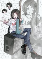  1girl :d aged_down aqua_eyes bang_dream! bang_dream!_it's_mygo!!!!! bass_guitar black_choker black_hair black_shoes chibi chibi_inset choker commentary_request denim elllaaa0407 grid_background halftone highres holding holding_bass_guitar holding_instrument instrument jeans official_alternate_hairstyle open_mouth pants shirt shoes short_hair sitting sitting_on_object smile sneakers solo speaker v white_shirt yahata_umiri zoom_layer 