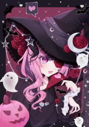  absurdres black_dress black_hat black_horns black_nails candy commentary crescent cross demon_girl demon_horns dress english_commentary fang flower flower_eyepatch food hat heart heart-shaped_food heart-shaped_lollipop highres horns ironmouse ironmouse_(witch) l_r_egi lollipop long_hair looking_at_viewer multicolored_hair open_mouth pink_hair pumpkin purple_hair red_flower red_rose rose shaped_lollipop skin_fang star_(symbol) streaked_hair virtual_youtuber vshojo witch witch_hat 