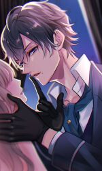  1boy 1girl absurdres arthur_conan_doyle_(ikemen_vampire) black_gloves blue_eyes commentary_request faceless faceless_female finger_to_mouth gloves hand_on_another's_neck hetero highres ikemen_vampire male_focus mole mole_under_mouth protagonist_(ikemen_vampire) shushing solo_focus y_(pixiv69889180) 
