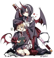  >_< 1boy 1girl absurdres apron artist_name black_hair book boots cheek_pinching cheek_pull commentary demon_boy demon_horns demon_tail demon_wings e.g.o_(project_moon) frills full_body hand_on_another's_head higashiaoi_7 highres holding holding_book horns japanese_clothes kneeling limbus_company long_sleeves maid maid_apron maid_headdress oni ootachi open_mouth pinching project_moon red_eyes red_horns red_wings renketsuen_(e.g.o) ryoshu_(project_moon) sheath short_hair shorts simple_background sinclair_(project_moon) single_wing size_difference socks sword tail thigh-highs unconventional_maid untranslatable_commentary weapon white_background wide_sleeves wings 