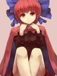  1girl bare_legs blouse bow cape hair_bow head_tilt highres knees_up light_smile long_sleeves looking_at_viewer purple_background red_eyes redhead sekibanki shone short_hair simple_background skirt solo touhou 