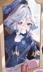  :d blue_gem blue_pupils blue_streaks chest_of_drawers cowlick drop-shaped_pupils eyelash_ornament furina_(genshin_impact) gem genshin_impact heterochromia highres makeup mirror mismatched_pupils multicolored_hair richi_1214 smile streaked_hair symbol-shaped_pupils table translation_request vanity_table 