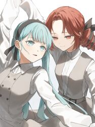  2girls absurdres aqua_eyes aqua_hair ballroom_dancing black_bow black_hairband black_ribbon bow collared_shirt commentary_request dancing dress grey_vest hair_bow hair_ribbon hairband hatsune_miku highres kasane_teto kiho-1206 korean_commentary looking_at_another multiple_girls numb_numb_(vocaloid) parted_bangs parted_lips red_eyes red_hair ribbon shirt simple_background sleeveless sleeveless_dress smile synthesizer_v upper_body utau vest vocaloid white_background white_shirt yuri 