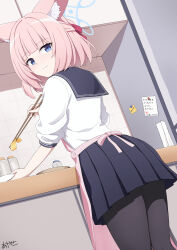  1girl absurdres animal_ear_fluff animal_ears apron artist_name ayana_ayase black_pantyhose blue_archive blue_eyes blue_halo chopsticks commentary_request food fox_ears fox_girl from_behind halo highres inarizushi kitchen looking_at_viewer niko_(blue_archive) pantyhose pink_hair school_uniform serafuku shirt short_hair skirt smile sushi triangle_halo white_shirt 