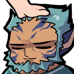  1boy animal_ears beard blue_facial_hair closed_eyes commission commissioner_upload emoticon facepaint facial_hair fire_emblem fire_emblem:_path_of_radiance fire_emblem:_radiant_dawn gliesse82_5 hand_on_another's_head headpat laguz_(fire_emblem) mordecai_(fire_emblem) solo_focus tiger_boy tiger_ears 