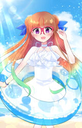  1girl alternate_costume aqua_hair beach bead_bracelet beads blue_bow blue_sky blush bow bracelet brown_hair choker clouds commentary_request dress glasses gradient_hair hair_bow jewelry looking_at_viewer multicolored_hair ohdo_yuamu open_mouth red-framed_eyewear red_streaks s_ebi sand sky smile solo streaked_hair sun swim_ring two-tone_hair white_choker white_dress yu-gi-oh! yu-gi-oh!_go_rush!! 
