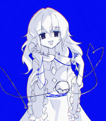  1girl blue_background buttons collared_shirt commentary_request diamond_button disembodied_linked_eye eyeball fer1494 frilled_sleeves frills greyscale_with_colored_background heart heart_of_string highres holding holding_phone komeiji_koishi long_sleeves looking_at_viewer missing_headwear open_mouth phone shirt simple_background skirt smile solo touhou wide_sleeves 
