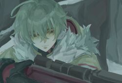  1boy absurdres ahoge aiming alyosha_(genshin_impact) black_gloves black_shirt cape closed_mouth commentary day earmuffs freckles fur-trimmed_cape fur_trim genshin_impact gloves green_hair gun hair_between_eyes half-closed_eyes highres holding holding_gun holding_weapon hood hooded_cape looking_to_the_side male_focus outdoors rifle shirt short_hair smile sniper_rifle snow solo tree turtleneck turtleneck_shirt untranslatable_commentary upper_body weapon winter yellow_cape yotaa0630 