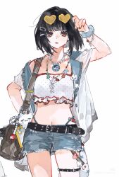  1girl bag glasses highres holding holding_removed_eyewear jewelry limbus_company necklace project_moon red_eyes ryoshu_(project_moon) short_hair shorts standing summer unworn_eyewear white_background yuge9420 