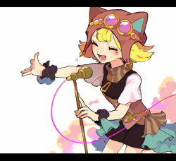  1girl amitie_(puyopuyo) amitie_(steam_city)_(puyopuyo) animal_ear_headwear animal_ears aviator_cap belt black_scrunchie black_shorts blonde_hair brown_hat cable cat_ears closed_eyes commentary_request cowboy_shot flipped_hair goggles goggles_on_headwear gold_belt green_sweater hat hat_with_ears heart highres leaning_forward letterboxed medium_hair microphone microphone_stand open_mouth outstretched_arm pink-tinted_eyewear puyopuyo puyopuyo_quest scrunchie short_shorts short_sleeves shorts singing smile solo standing sweater tinted_eyewear urolo white_sleeves yellow-framed_eyewear zipper zipper_pull_tab 