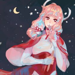  1girl afk_(konnosukeluv) blunt_bangs capelet crescent_moon fire_emblem fire_emblem_fates hair_tubes japanese_clothes looking_at_viewer lowres mitama_(fire_emblem) moon night pink_hair red_capelet sky solo star-shaped_pupils star_(sky) star_(symbol) starry_sky symbol-shaped_pupils 