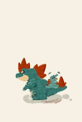  closed_eyes commentary_request crocodilian feraligatr highres no_humans open_mouth pokemon pokemon_(creature) pokemon_focus pokemon_on_back red_eyes sharp_teeth simple_background tail teeth totodile white_background zozozoshion 