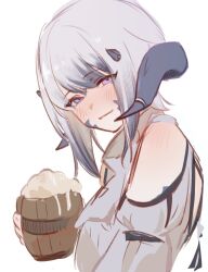  1girl alcohol au_ra bare_shoulders beer beer_mug blue_horns blue_scales blush closed_mouth cup dragon_girl dragon_horns final_fantasy final_fantasy_xiv foam grey_hair holding holding_cup horn_ornament horn_ring horns laila_(moth_ram) looking_at_viewer low_horns moth_ram mug multicolored_hair original scales short_hair sidelocks simple_background solo two-tone_hair violet_eyes white_background white_hair 