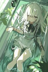  1girl apron bathtub black_dress bow bowtie closed_mouth dress expressionless eyes_visible_through_hair frilled_apron frills from_above fuyoyo hair_over_one_eye highres indoors long_hair looking_at_viewer maid_apron maid_headdress original partially_submerged plant short_sleeves solo tile_wall tiles water white_apron white_hair 