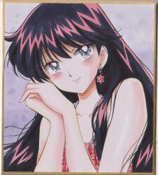  1girl bishoujo_senshi_sailor_moon black_hair blush chikoto_(kztc4472) closed_mouth collarbone commentary dress earrings floating_earrings grey_eyes halter_dress halterneck hands_up head_tilt highres hino_rei jewelry long_hair looking_at_viewer own_hands_together photo_(medium) picture_frame portrait purple_background red_dress smile solo traditional_media 