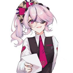  1girl ahoge alternate_costume black_vest bow chinese_commentary collared_shirt commentary_request dress_shirt eyepatch hair_bow hair_over_one_eye heart heart_ahoge highres holding holding_paper kebsoi1 long_sleeves looking_at_viewer maria_marionette medium_hair multicolored_hair multiple_hair_bows necktie nijisanji nijisanji_en open_mouth paper pink_hair pink_necktie purple_hair round_eyewear school_uniform shirt side_ponytail simple_background smile solo straight-on streaked_hair swept_bangs tie_clip vest violet_eyes virtual_youtuber white_background white_shirt 
