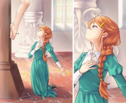  1boy 1girl ahoge an_dres_art aqua_dress black_boots boots braid breasts christ-chan church collar commentary commission cross cross_necklace crucifixion dress english_commentary from_side full_body hair_ornament hairclip hand_on_own_chest high_heel_boots high_heels highres jesus jewelry kneeling long_hair looking_up necklace original parted_lips small_breasts very_long_hair white_collar 