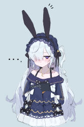  ... 1girl absurdres animal_ear_hairband animal_ears bare_shoulders black_ribbon blue_dress blue_hairband bow closed_mouth crescent crescent_necklace dress dress_bow fake_animal_ears frilled_dress frilled_hairband frilled_sleeves frills gothic_lolita hair_over_one_eye hair_ribbon hairband highres holding holding_sketchbook jewelry lolita_fashion lolita_hairband long_hair long_sleeves looking_at_viewer mahou_shoujo_no_majo_saiban natsume_an-an necklace off-shoulder_dress off_shoulder one_eye_covered polka_dot polka_dot_bow rabbit_ear_hairband rabbit_ears ribbon simple_background sketchbook sleeve_bow sleeves_past_fingers sleeves_past_wrists solo toima_(beat0829) upper_body violet_eyes white_background white_hair wide_sleeves 