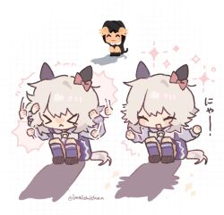  >_< 2girls :< :d ^_^ animal_ears bow cat_shadow_puppet_(meme) closed_eyes curren_chan_(umamusume) ear_bow ear_covers grey_hair horse_ears horse_girl horse_tail imaichichan irasutoya long_sleeves meme multiple_girls multiple_views open_mouth purple_shirt purple_skirt purple_thighhighs red_bow ruffling_hair school_uniform shadow shirt short_hair skirt smile sparkle sparkling_aura squatting tail thigh-highs tracen_school_uniform umamusume winter_uniform 