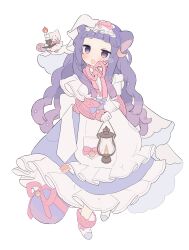  1girl absurdres animal_ears apron back_bow blush bow bowtie crescent crescent_hair_ornament dress frilled_apron frilled_dress frills full_body hair_ornament highres holding_lamp long_dress long_hair long_sleeves napenasupe open_mouth original purple_hair short_bangs solo tail veil violet_eyes wavy_hair white_background white_veil 