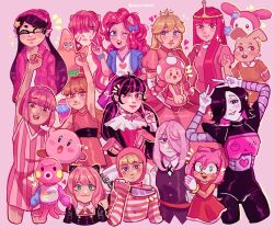  1other 4boys 6+girls absurdres adventure_time amy_rose anais_watterson animal_crossing animal_hood anya_(spy_x_family) artist_name black_hair blonde_hair blood blood_on_face blossom_(ppg) callie_(splatoon) character_request child color_connection colored_skin copyright_request curly_hair double_v draculaura dress dual_persona elfen_lied highres holding holding_knife hood inkling kirby kirby_(series) knife lazytown lucy_(elfen_lied) marina_(animal_crossing) mechanical_arms mettaton mettaton_ex monster_high multiple_crossover multiple_girls my_little_pony my_little_pony:_equestria_girls my_little_pony:_friendship_is_magic my_melody my_melody_(series) myyoupink octopus patrick_star pink_background pink_hair pink_skin pink_theme pinkamena_diane_pie pinkie_pie pinkie_pie_(equestria_girls) popee_(popee_the_performer) popee_the_performer powerpuff_girls princess princess_bonnibel_bubblegum princess_peach rabbit_girl rabbit_hood robot robot_boy sanrio splatoon_(series) spongebob_squarepants_(series) spy_x_family stephanie_(lazytown) striped_clothes striped_dress striped_hair super_mario_bros. the_amazing_world_of_gumball toadette twitter_username undertale utdr_(toby_fox) v vampire witch 