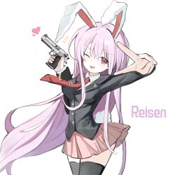  1girl absurdres animal_ears black_jacket black_thighhighs blazer blush breasts character_name chinese_commentary collared_shirt commentary_request cowboy_shot ehhoooa gun handgun highres holding holding_gun holding_weapon jacket long_sleeves looking_at_viewer medium_breasts necktie one_eye_closed open_mouth pink_skirt purple_hair rabbit_ears rabbit_girl rabbit_tail red_eyes red_necktie reisen_udongein_inaba shirt simple_background skirt smile solo tail thigh-highs touhou weapon weapon_request white_background white_shirt 