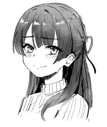  1girl blush cropped_shoulders erobear greyscale hair_ribbon highres long_hair love_live! love_live!_hasu_no_sora_jogakuin_school_idol_club monochrome murano_sayaka nervous_smile portrait ribbon sketch smile solo sweater virtual_youtuber white_background 