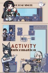  1boy 4girls anby_demara animal_ears asaba_harumasa astra_yao black_hair black_necktie black_shirt blue_jacket blunt_bangs chibi chibi_only commentary_request denim drum electric_guitar ellen_joe fox_ears fox_girl green_shirt grey_hair grey_skirt guitar headband headphones holding holding_guitar holding_instrument holding_microphone hoshimi_miyabi instrument jacket jeans keytar microphone multiple_girls necktie official_alternate_costume pants parted_bangs red_eyes shirt skirt striped_clothes striped_shirt torn_clothes torn_jeans torn_pants washan white_background yellow_headband zenless_zone_zero 