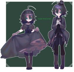  1boy 1girl ahoge asa_natsume black_gloves black_jacket black_pants boots border breasts character_name collar corset degrees_of_lewdity double-parted_bangs dress frilled_collar frills full_body gloves green_eyes hat headdress highres holding_own_dress jacket knee_boots kylar_(degrees_of_lewdity) kylar_(female)_(degrees_of_lewdity) kylar_(male)_(degrees_of_lewdity) lace lace-up_boots lace_gloves long_dress long_sleeves looking_at_viewer medium_hair mini_hat mini_top_hat open_clothes open_jacket outline own_hands_together pants pants_tucked_in puffy_short_sleeves puffy_sleeves short_hair short_sleeves simple_background small_breasts standing top_hat victorian white_border white_gloves white_outline 