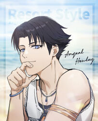  1boy aged_down angeal_hewley angeal_hewley_(resort_style) bare_shoulders beach black_hair blue_eyes blurry blurry_background character_name closed_mouth commentary_request final_fantasy final_fantasy_vii final_fantasy_vii:_ever_crisis highres jewelry looking_at_viewer male_focus morikawaimori necklace ocean official_alternate_costume outdoors sand shirt short_hair sleeveless sleeveless_shirt smile solo upper_body white_shirt 