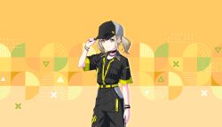  1girl adjusting_clothes adjusting_headwear after_the_fire_(project_sekai) azusawa_kohane baseball_cap black_choker black_hat black_jacket black_nails black_pants blonde_hair bracelet breasts brown_hair choker closed_mouth collared_jacket colorful_palette cowboy_shot dot_nose earrings fingernails game_asset green_background hand_up hat highres jacket jewelry low_twintails medium_hair nail_polish official_alternate_costume official_alternate_hair_ornament official_art pants project_sekai serious short_sleeves short_twintails small_breasts solo standing third-party_source triangle triangle_earrings twintails two-tone_background two-tone_hat white_hat yellow_background yellow_trim 