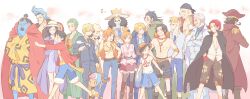  3girls 6+boys aged_down bandana bikini bikini_top_only black_hair blonde_hair blue_hair blue_skin brook_(one_piece) chinese_commentary colored_skin commentary_request crossed_arms edward_newgate epaulettes father_and_child father_and_son feet_out_of_frame franky_(one_piece) gol_d._roger grandfather_and_grandson hat highres japanese_clothes jinbe_(one_piece) kimono koala_(one_piece) mandel marco_(one_piece) monkey_d._dragon monkey_d._garp monkey_d._luffy multiple_boys multiple_girls nami_(one_piece) nico_robin one_piece parent_and_child pirate_hat portgas_d._ace roronoa_zoro sabo_(one_piece) sanji_(one_piece) sash shanks_(one_piece) short_hair skeleton skirt smile straw_hat_pirates swimsuit tony_tony_chopper topless_male usopp 