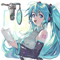  1girl arm_tattoo bare_shoulders black_sleeves blue_eyes blue_hair breasts collared_shirt commentary_request detached_sleeves grey_shirt hair_between_eyes hair_ornament hand_up hatsune_miku headphones holding holding_paper large_breasts long_hair long_sleeves looking_at_viewer microphone necktie number_tattoo open_mouth paper shinpu_(oresinpu) shirt simple_background sleeveless sleeveless_shirt smile solo tattoo teeth tie_clip tongue twintails upper_body very_long_hair vocaloid white_background wide_sleeves yellow_necktie 