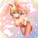  108_gou 1girl :o animal_ears blonde_hair blush bowtie breasts bunnysuit charlotte_dunois cleavage detached_collar infinite_stratos large_breasts leotard long_hair pantyhose rabbit rabbit_ears solo star violet_eyes wrist_cuffs 