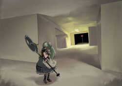  1girl absurdres animal_bag backrooms_(creepypasta) bear_bag black_boots black_dress boots circular_saw commentary corin_wickes cuffs dress english_commentary green_hair highres holding holding_weapon knee_boots long_hair looking_at_object maid maid_headdress mitamaya_monme road_sign saw screw_hair_ornament short_sleeves sign solo stop_sign twintails weapon zenless_zone_zero 
