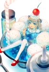  1girl blue_eyes brown_hair cherry cup food food_as_clothes fruit glass hair_ribbon ice_cream in_container in_cup minigirl original parfait ribbon shiu_(pika) solo spoon sprinkles straw thighhighs twintails whipped_cream 